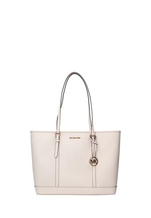 Kremowa skórzana torba typu tote Michael Kors z podwójnymi paskami na ramię i złotym zawieszonym na froncie emblematem MK.