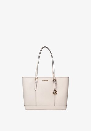 Kremowa skórzana torba typu tote Michael Kors z podwójnymi paskami na ramię i złotym zawieszonym na froncie emblematem MK.