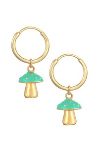 Orecchini a cerchio in oro con ciondolo a fungo color teal. Il fungo presenta una finitura lucida con puntini dorati sul cappello e un gambo liscio.