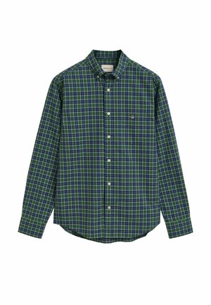 Camicia a maniche lunghe da uomo con motivo a quadri verde, blu e bianco e una tasca sul petto anteriore con un piccolo logo.
