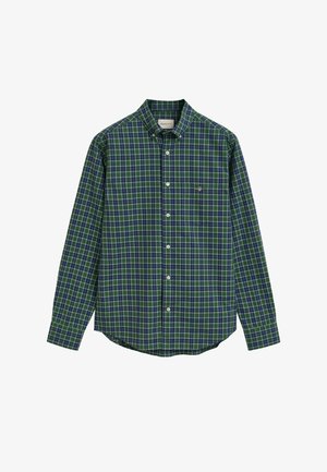 Camicia a maniche lunghe da uomo con motivo a quadri verde, blu e bianco e una tasca sul petto anteriore con un piccolo logo.