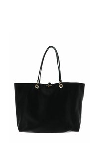 Borsa tote nera in materiale liscio, con due manici lunghi, dettagli in metallo dorato e forma rettangolare con base piatta.