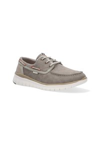 Grau textil Sneaker mit leichtem Gummisohle, kontrastierenden Schnürsenkeln, genähten Akzenten und kleinem Logodetail neben der Ferse.