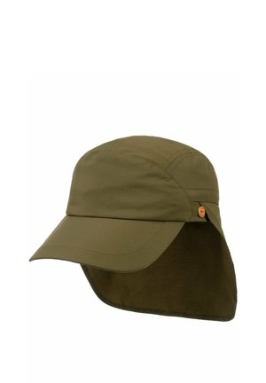 Olive green cap with a wide brim and a long neck flap for sun protection, shown on a plain white background.