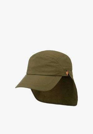 Olive green cap with a wide brim and a long neck flap for sun protection, shown on a plain white background.