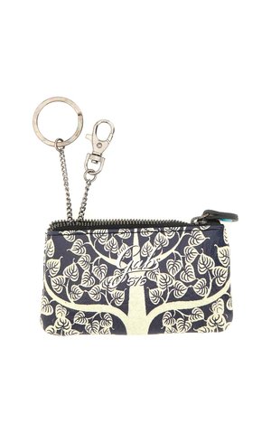 Piccola pochette con cerniera con motivo di albero e foglie bianche su sfondo scuro, portachiavi in metallo attaccato e moschettone girevole su catene corte.
