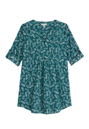 Tyrkysově zelený tunikový top s bílým vzorem listových vinných rév, výstřihem do V a trojčtvrtečními rukávy se záhyby, upevněnými knoflíkovými pásky.