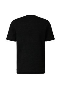 Sort T-shirt med korte ærmer, rund hals og subtilt tekstureret mønster. Fremhævede med sort kontrastkant på ærmer og kant.