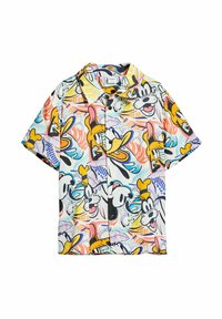 Camicia a maniche corte con una stampa a cartoni animati multicolore e personaggi giocosi, realizzata in tessuto leggero con chiusura a bottoni.