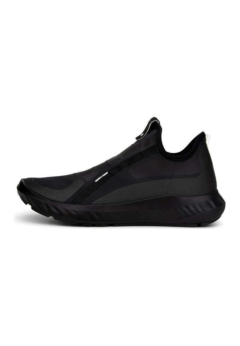 Black athletic shoe featuring a streamlined design, smooth textile upper, slip-on style, and textured rubber sole for traction.