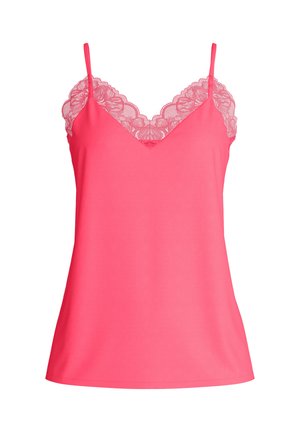 Roze camisol met een gladde stof en kantafwerking langs de halslijn en bandjes, met een losvallende pasvorm en een V-halsontwerp.
