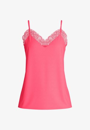 Pink camisole made of smooth fabric with lace trim along the neckline and straps, featuring a relaxed fit and v-neck design.