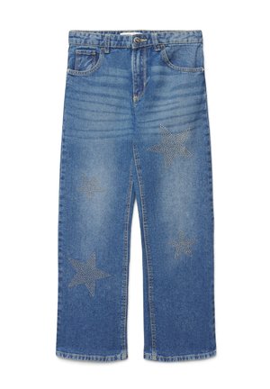 Niebieskie jeansy denim z szerokimi nogawkami, ozdobione małymi srebrnymi ćwiekami w kształcie gwiazdy na przednich udach i kolanach, z przednimi kieszeniami i szlufkami na pasek.