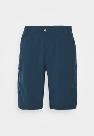 Shorts bleu marine en tissu léger, dotés d'une fermeture à bouton à l'avant, de deux poches latérales et d'une poche cargo zippée sur le côté.