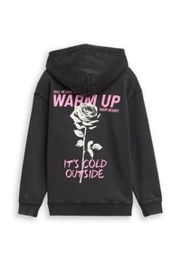 Zwarte capuchontrui met roze grafische tekst "WARM UP YOUR HEART!" en een ontwerp van een witte roos met bladeren en de zin "IT'S COLD OUTSIDE."