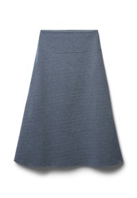 Blaue, knielange A-Linien-Rock aus weichem, strukturiertem Stoff mit einem glatten Taillenbund und ohne sichtbare Verschlüsse.