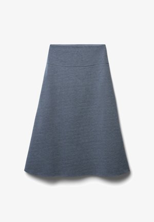 Blaue, knielange A-Linien-Rock aus weichem, strukturiertem Stoff mit einem glatten Taillenbund und ohne sichtbare Verschlüsse.