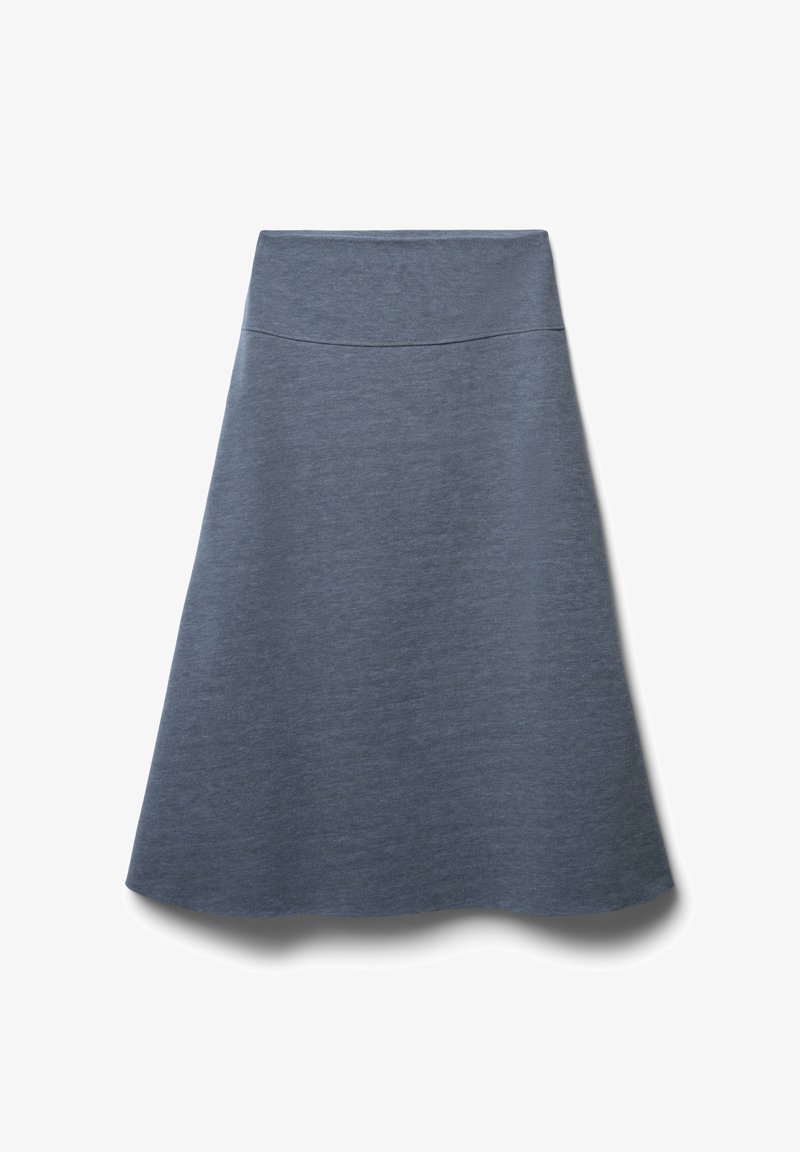 Jupe bleu, longueur genou, en tissu doux et texturé avec une ceinture lisse et sans fermetures visibles.