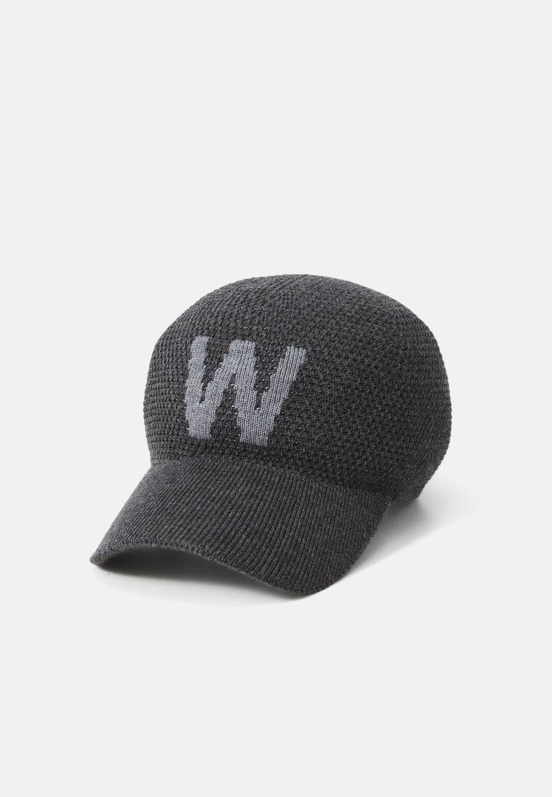 Knitted black cap with a curved brim, featuring a prominent gray 'W' logo on the front. Textured surface with a flexible fit.