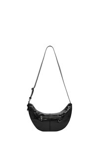Czarna nylonowa torba na ramię o zakrzywionym kształcie, z kieszenią na zamek błyskawiczny, gładką teksturą i regulowanym paskiem.