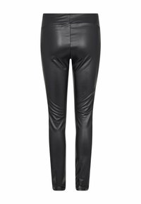Zwarte faux leren leggings met een gladde textuur, aangesloten ontwerp en enkel lengte, met een platte tailleband en geen zichtbare naden.