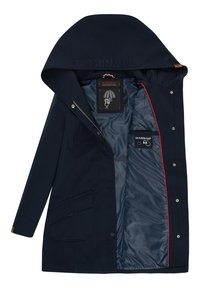Navy outerwear jacket with a hood, featuring a smooth inner lining and red accents. Includes a front pocket and branded tags inside.