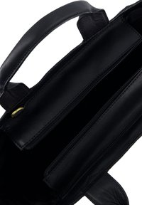 Black leather handbag with a smooth texture, featuring dual zip compartments and a top handle for easy carrying.