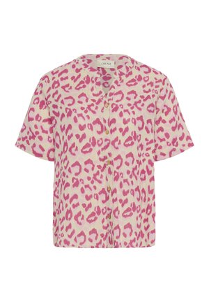 Lyhythihainen nappipaita kevyestä kankaasta, jossa on vaaleanpunainen ja vaaleanbeige leopardikuosi sekä klassinen kaulustyyli.