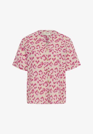 Lyhythihainen nappipaita kevyestä kankaasta, jossa on vaaleanpunainen ja vaaleanbeige leopardikuosi sekä klassinen kaulustyyli.