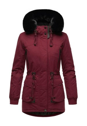 Bordeaux parka van stof met een capuchon van nepbont, een trekkoord in de taille en twee voorzakken, met zwarte hardwareaccenten.