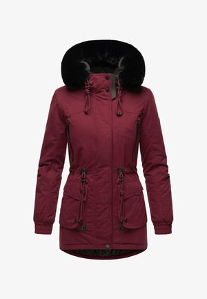 Burgundy parkas i tyg med huva som är fodrad med syntetpäls, dragsko i midjan och två framfickor, med svarta detaljer.