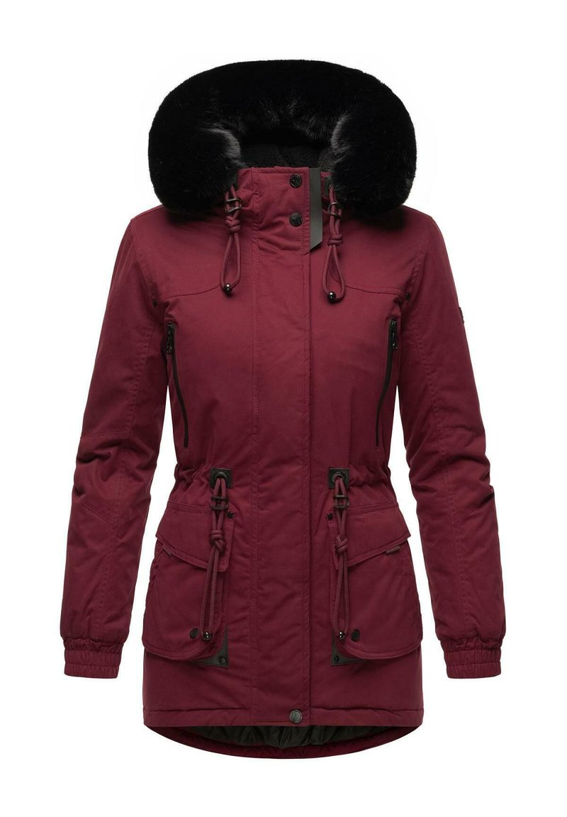 Burgundy parka made of fabric with a faux fur-lined hood, drawstring waist, and two front pockets, featuring black hardware accents.