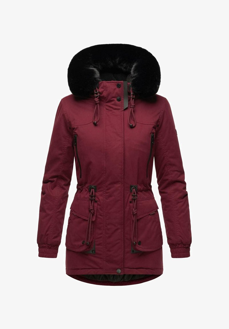Burgundy parka made of fabric with a faux fur-lined hood, drawstring waist, and two front pockets, featuring black hardware accents.