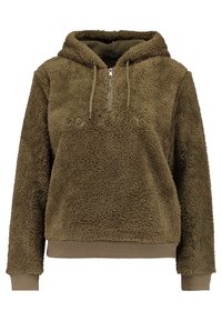 Mjuk olivgrön huvtröja med halvlång dragkedja, ribbade muddar och fåll. Har broderad text framtill. Mjukt, texturerat material.