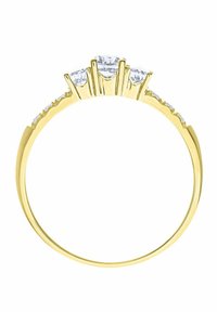 Gelbgoldring mit fünf runden, brillantgeschliffenen, klaren Steinen, die in einem gestuften Design angeordnet sind; glatter Ring mit zusätzlichen kleinen Steinen an der Seite.