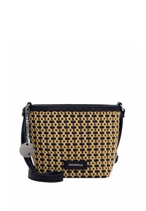 Small crossbody bag with woven beige rattan front, black leather trim, adjustable strap, and silver chain tag with brand name Emily & Noah.