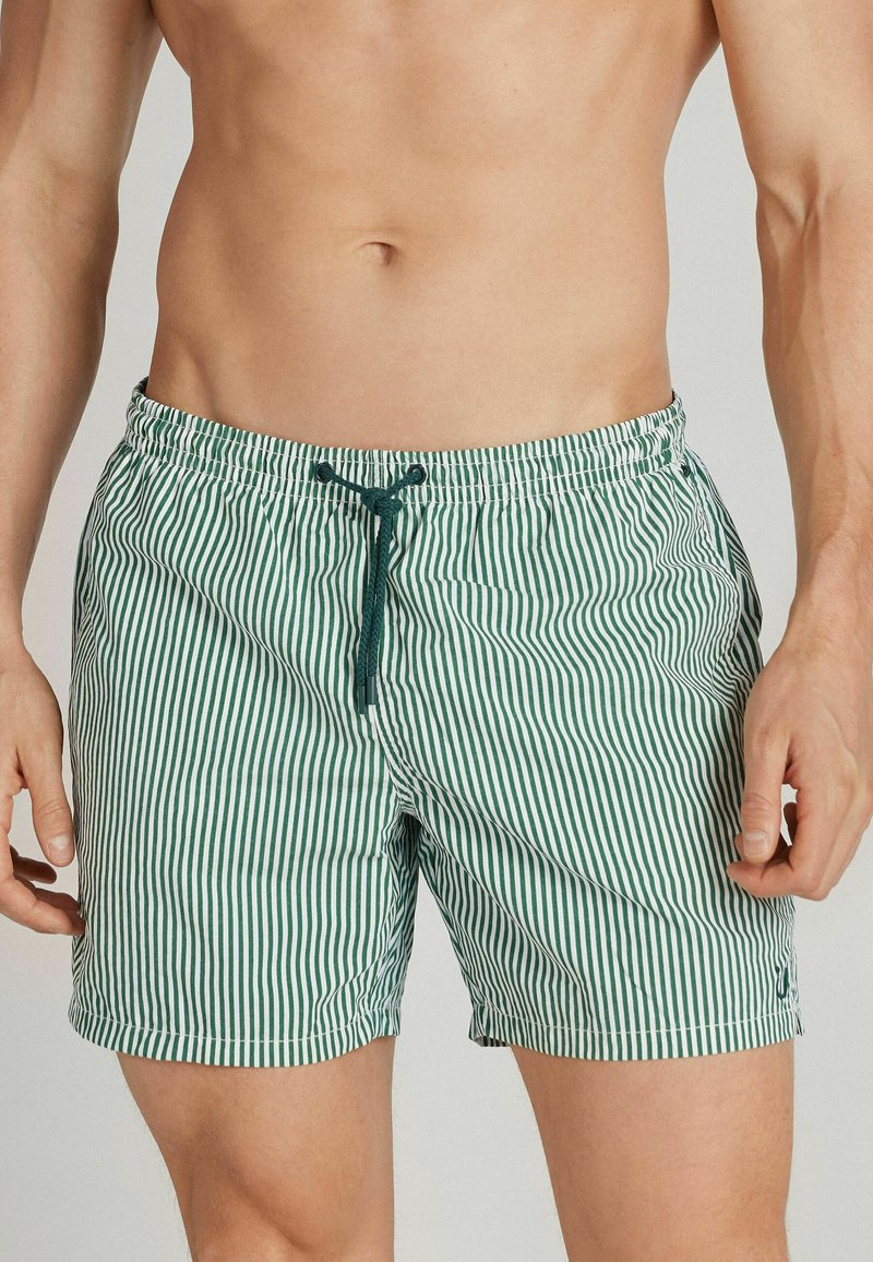 Grün-weiße gestreifte Badeshorts verfügen über einen elastischen Bund mit Kordelzug, seitlichen Taschen und einem leichten Stoff.