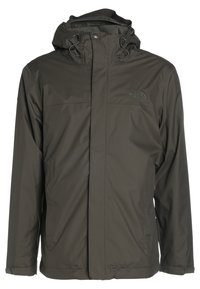 Veste imperméable à capuche vert olive foncé avec fermeture éclair frontale, fermeture à bouton-pression et logo The North Face sur la poitrine gauche.