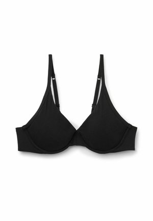 Soutien-gorge noir avec armatures, cups triangulaires, bretelles réglables et un tissu lisse et extensible. Design simple sans motifs ni embellissements.