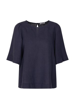 Marineblauw linnen top met een ronde halslijn, korte klokmouwen en een sleutelgatopening op de rug. Rechte, relaxte pasvorm.