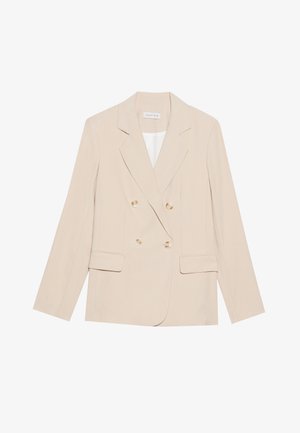 Blazer bege de dois botões, feito de tecido suave, com dois bolsos frontais, grandes botões dourados e um design de lapela clássico.