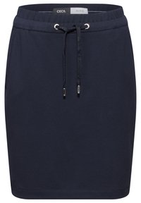 Mörkblå jerseykjol med dragsko i midjan, silverdetaljer och sidfickor; slät textur med rak skärning.