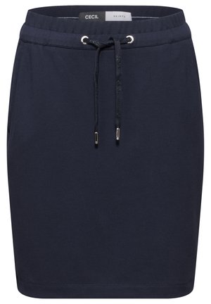 Gonna blu navy in jersey con cintura regolabile, accessori in metallo argento e tasche laterali; texture morbida e taglio dritto.
