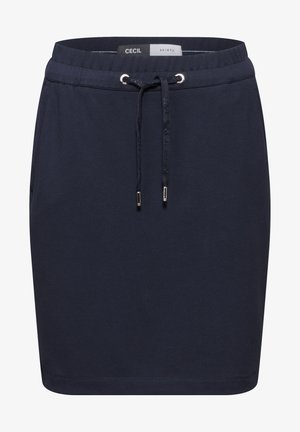 Marineblauwe jersey rok met een tailleband met trekkoord, zilverkleurige hardware en zijzakken; gladde textuur met een rechte snit.