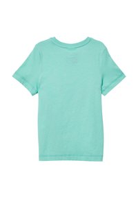 Lichtgroene katoenen T-shirt met een ronde hals en korte mouwen. Heeft gestikte randen en een gladde, zachte textuur.