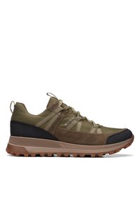 Zapatillas de senderismo en verde y marrón con etiqueta GORE-TEX, parte superior de malla y ante, suela de goma y acentos texturizados para un mejor agarre y durabilidad.