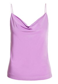 Camisola in satin lavanda chiaro con scollo a cascata, spalline regolabili e una texture liscia e sleek.