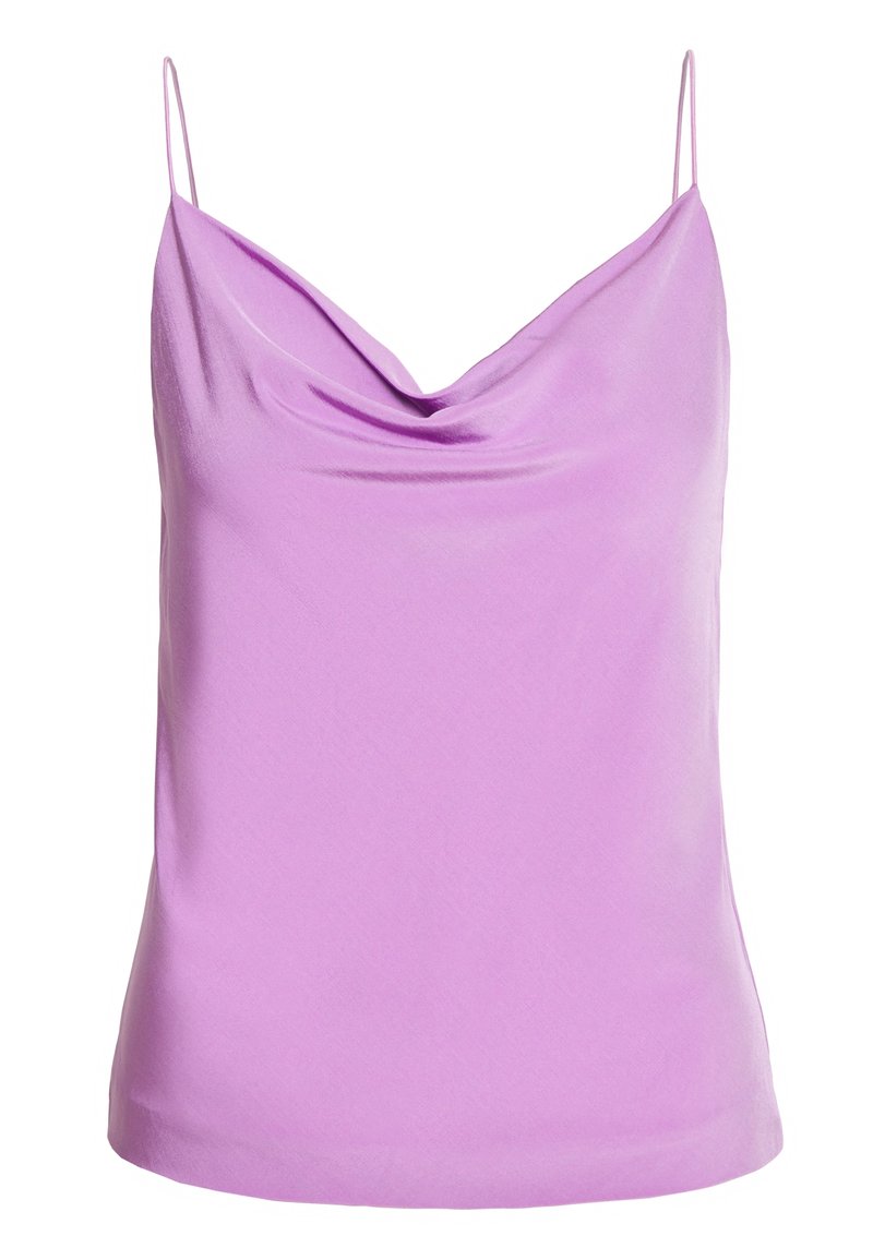 Camisola in satin lavanda chiaro con scollo a cascata, spalline regolabili e una texture liscia e sleek.