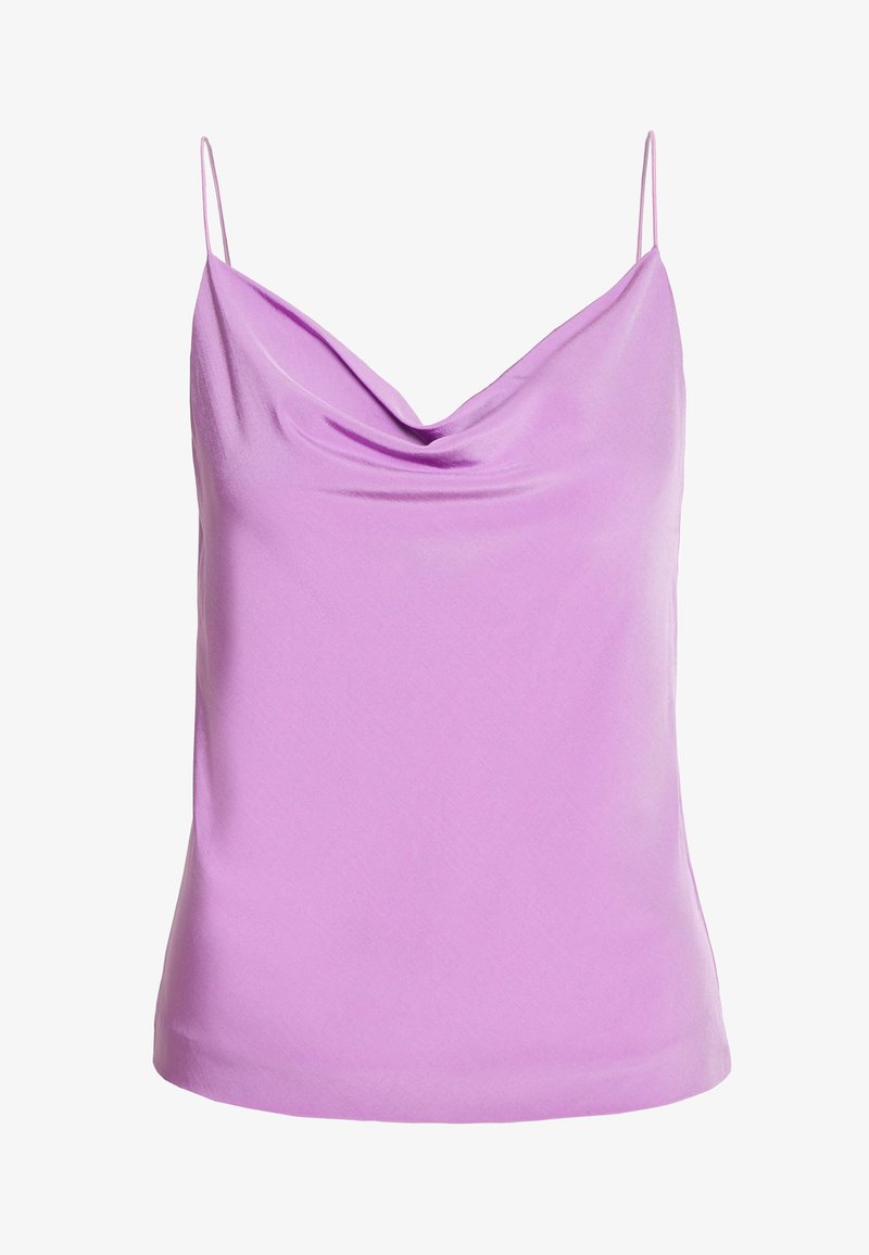Camisola in satin lavanda chiaro con scollo a cascata, spalline regolabili e una texture liscia e sleek.