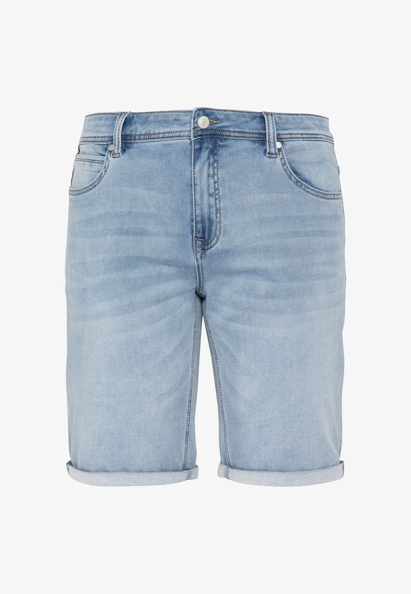 Short en jean bleu clair avec ourlets retroussés, fermeture à bouton et zip devant, passants de ceinture et cinq poches, présenté sur fond blanc.